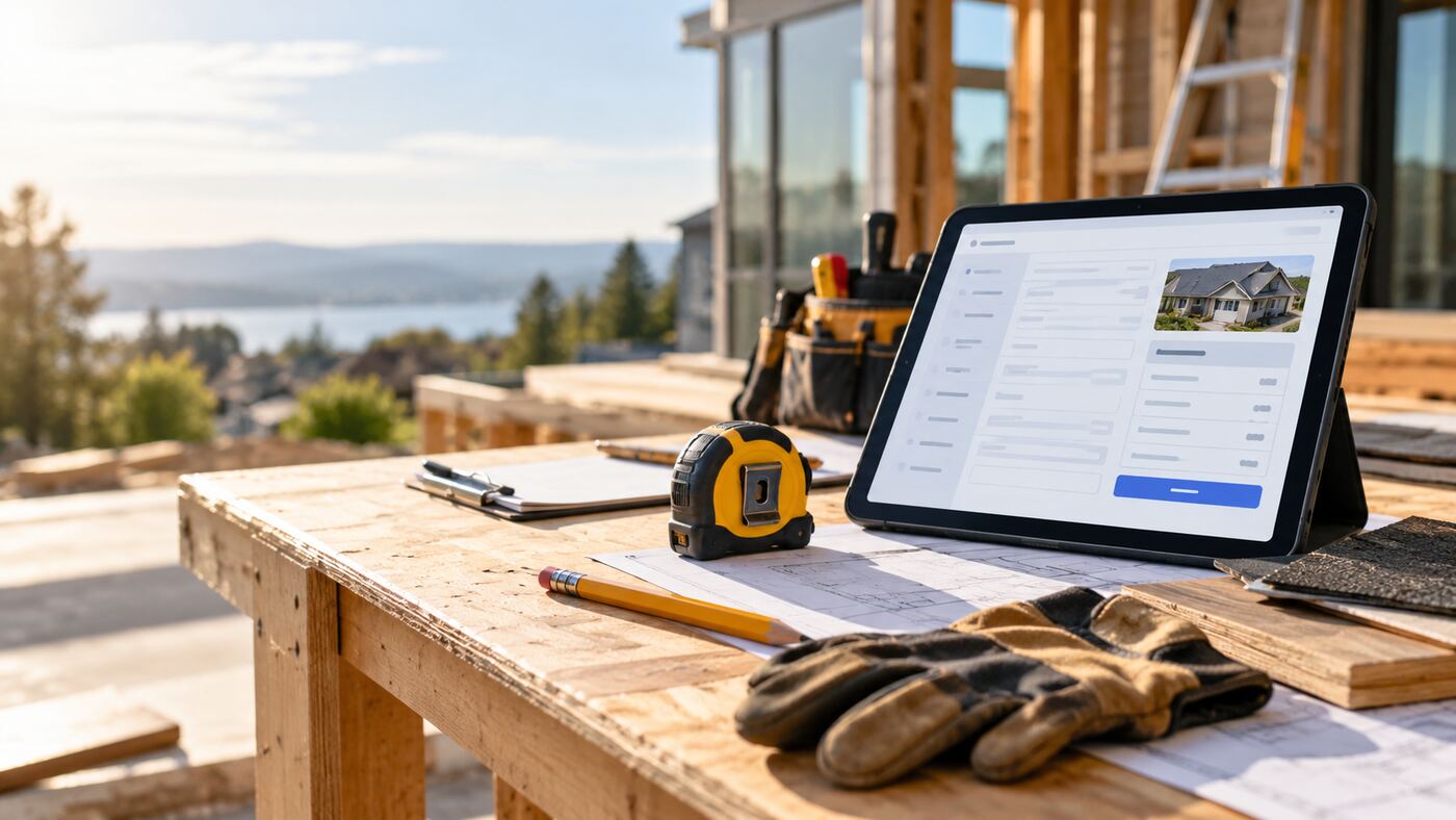Contractor desk with tablet estimate form, tape measure, pencil, gloves, and material samples